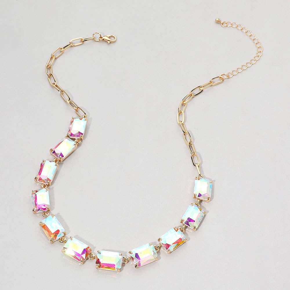 Cushion Rectangular Stone Cluster Link Necklace