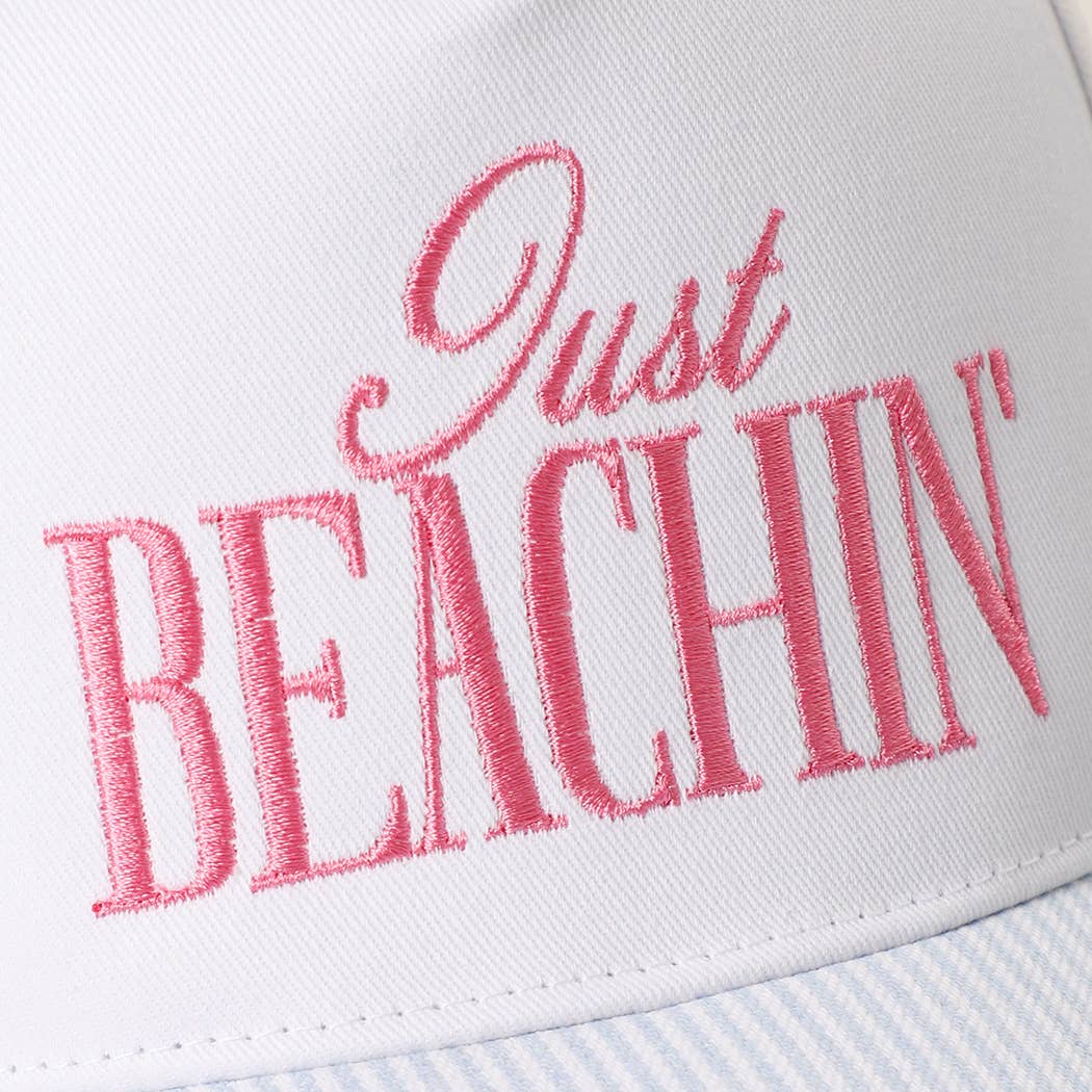 JUST BEACHIN' Embroidered Stripe Brim Trucker Hat - Image 2