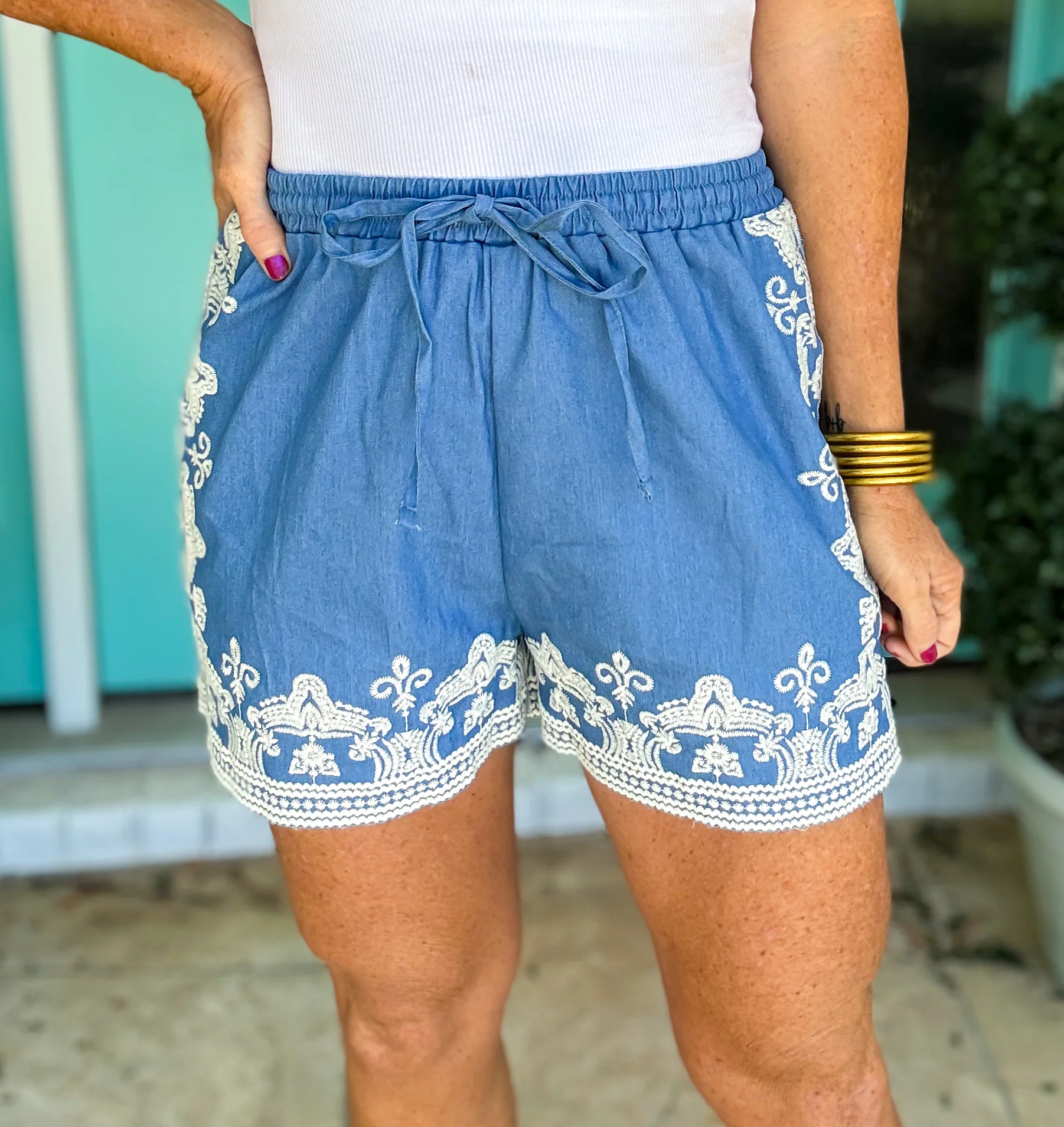 Chambray Embroidered Shorts - Image 3