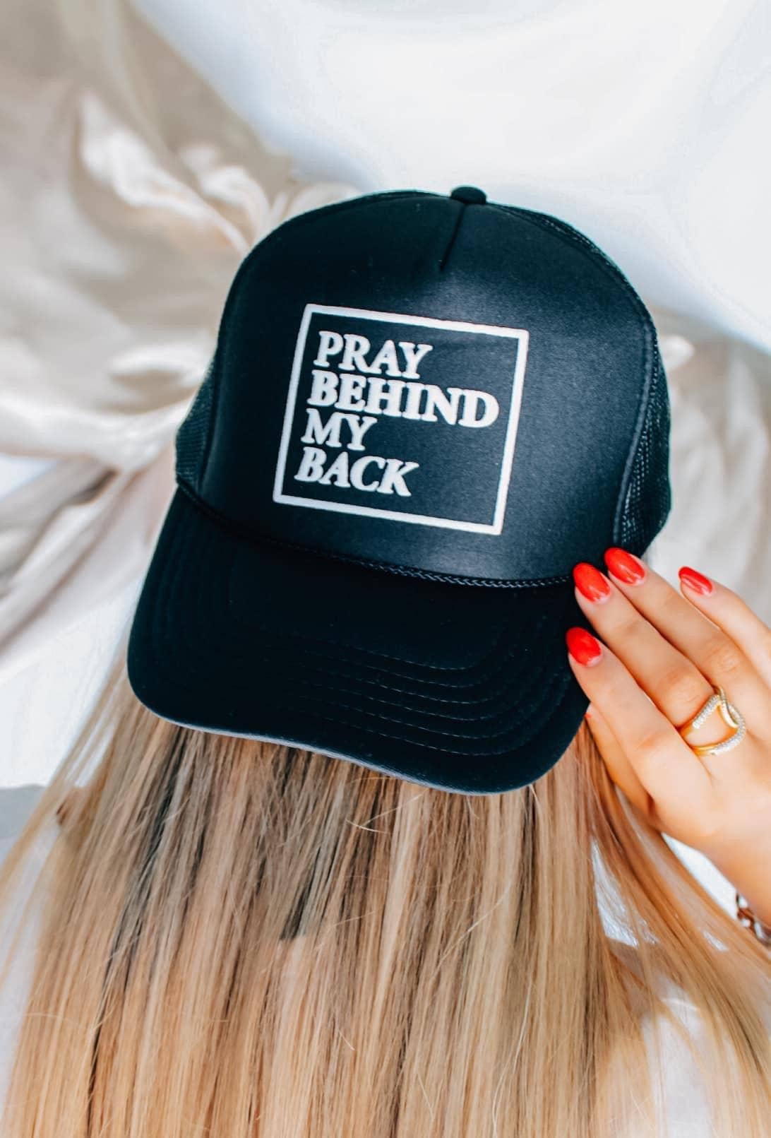 Pray Behind My Back Black Trucker Hat - Image 2