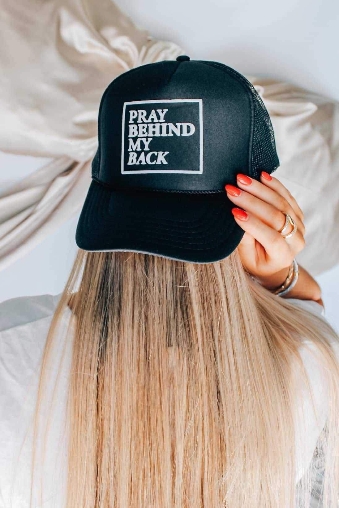 Pray Behind My Back Black Trucker Hat - Image 3