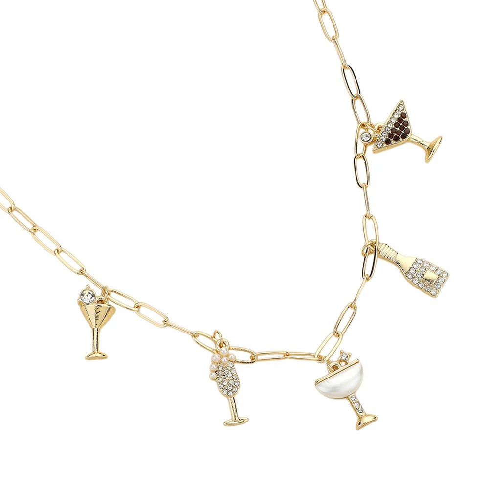 Stone Paved Cocktail Glass Bottle Charm Station Paperclip Chain Necklace - Image 2