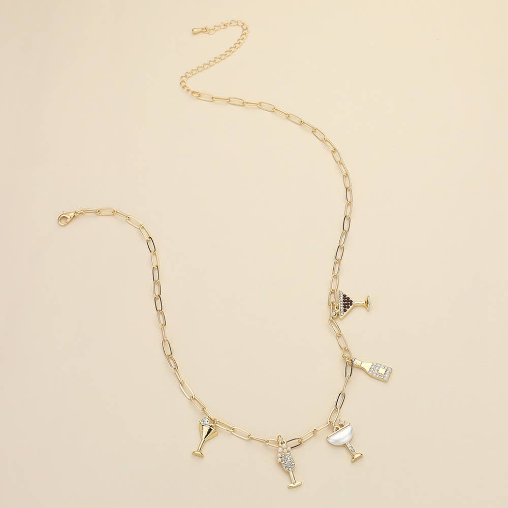 Stone Paved Cocktail Glass Bottle Charm Station Paperclip Chain Necklace - Image 3